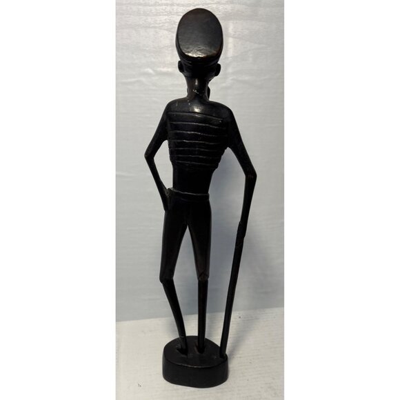 African Man Wood Sculpture with Cane 11" Tall Hand Carved In Tanganyika - Picture 6 of 10